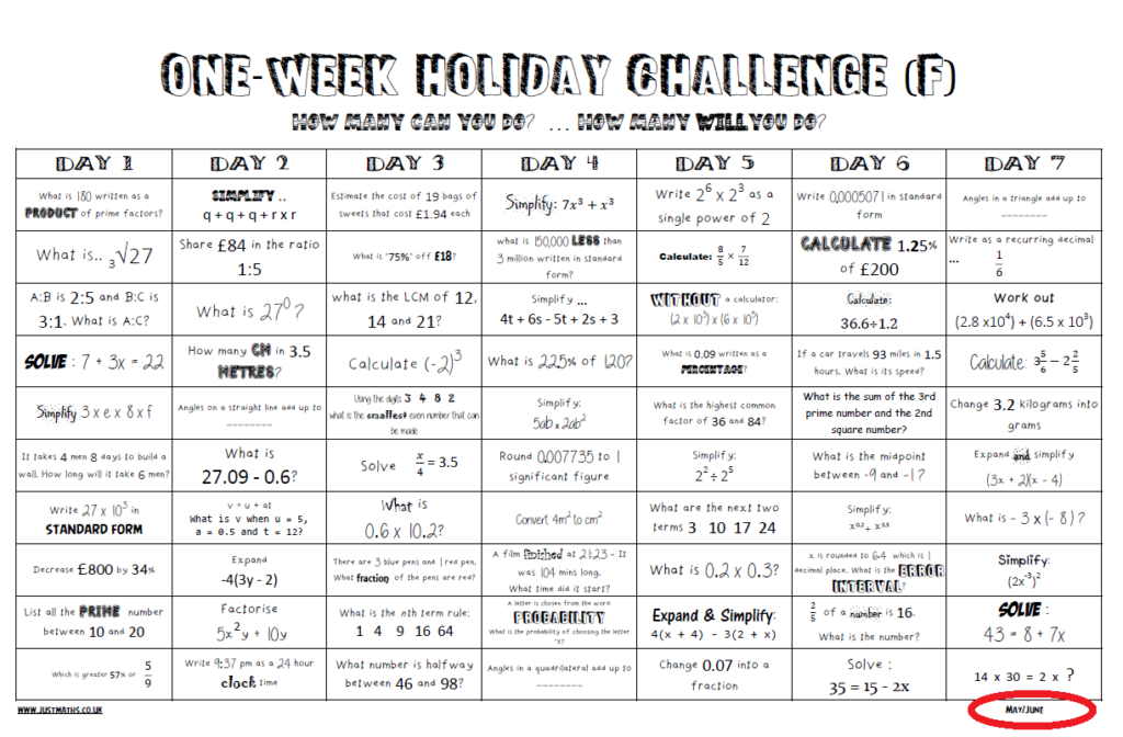 half term homework year 1